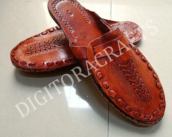 Handmade Brown Woven Leather Mules, Men's Kolhapuri Sandals, Ethnic Summer Flats