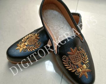 Handmade Black Leather Men's Loafers, Zardozi Embroidery, Indian Ethnic Groom Shoes