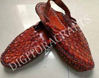 Handmade Brown Leather Kolhapuri Mules, Men's Ethnic Summer Sandals, Woven Indian Footwear