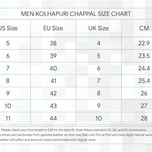 May include: A size chart for men's Kolhapuri chappals, displaying US, EU, UK sizes, and centimeters. Sizes range from US size 5 (22.9 cm) to 11 (28 cm). The chart includes a note about checking foot length in centimeters for the best fit.