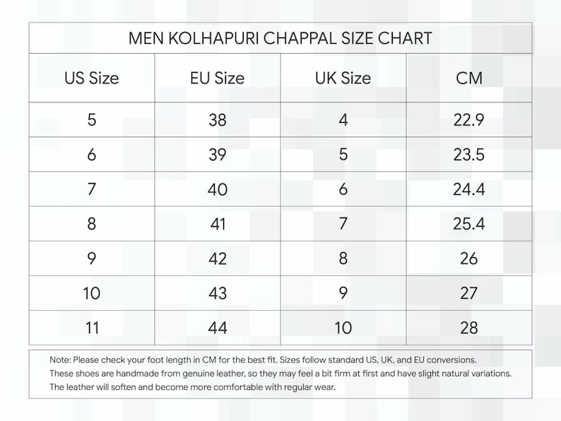 May include: A size chart for men's Kolhapuri chappals, displaying US, EU, UK sizes, and centimeters. Sizes range from US size 5 (22.9 cm) to 11 (28 cm). The chart includes a note about checking foot length in centimeters for the best fit.