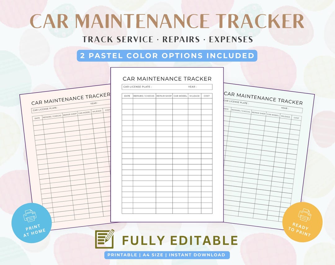 Car Maintenance Tracker, Vehicle Service Log, Printable Planner ...