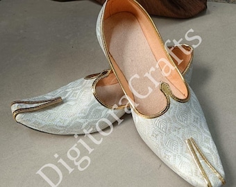 Men's White Leather Jutti, Groom Wedding Mojaris, Traditional Indian Ethnic Shoes