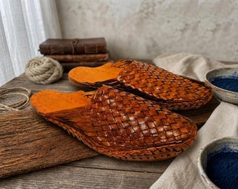 Handmade Dark Brown Woven Leather Mules, Women's Summer Sandals