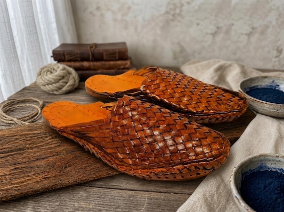 Handmade Dark Brown Woven Leather Mules, Women's Summer Sandals