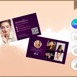 Könnte beinhalten: Lila Visitenkarten für "Ariana Blake, Hair & Beauty Specialist". Die Karten zeigen ein Foto einer Frau, Kontaktdaten und einen QR-Code. Das Canva-Logo ist ebenfalls sichtbar. Die Karten dienen zur Terminvereinbarung.