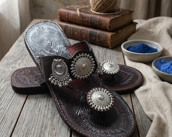 Handmade Leather Jutti Women Slippers, Mirror Work Punjabi Khussa Mojari, Indian Festive Footwear