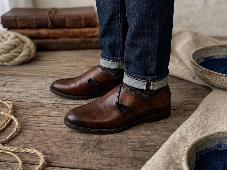 May include: A pair of brown leather slip-on shoes with a cut-out detail on the side. The shoes are worn with dark blue denim jeans with the cuffs rolled up. The background includes wooden planks, books, and rope.