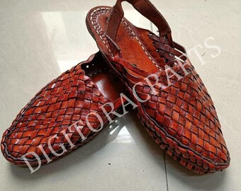 Kolhapuri Mules, Brown Woven Leather Slip-On Footwear for Men