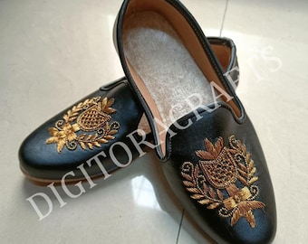 Mocasines Zardozi, zapatos de vestir para hombre de piel negra sin cordones con bordados.