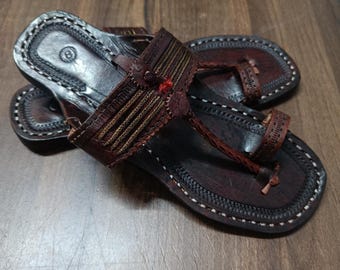 Handcrafted Brown Leather Kolhapuri Chappal, Women's Indian Mojari Footwear