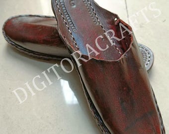 Handmade Brown Leather Mules, Men's Slip-On Closed Toe Slippers