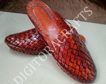 Handmade Dark Brown Woven Leather Mules, Women's Summer Sandals