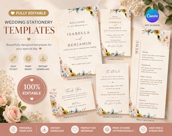 Boho Wildflower Wedding Invitation Suite | Editable Canva Templates (Digital Download)