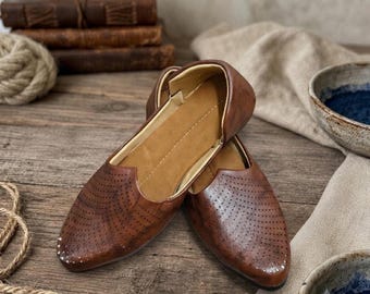 Wedding Khussa, Brown Leather with Perforated Detail, Six Sizes