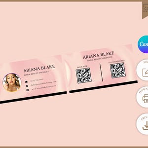 Könnte beinhalten: Rosa Visitenkarte für Ariana Blake, Friseur & Schönheitsspezialist, mit Foto, Kontaktdaten und QR-Codes zum Buchen und Vernetzen. Die Karte hat einen weichen, verschwommenen Hintergrund und schwarze Akzente.