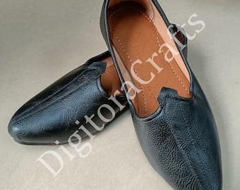 Men's Black Punjabi Jutti, Handmade Leather Mojaris, Ethnic Khussa Shoes