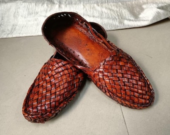 Handwoven Leather Mules, Men's Brown Slip On Flats, Artisan Braided Clogs