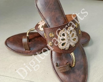 Brown Leather Butterfly Kolhapuri Slippers | Women's Indian Ethnic Sandals