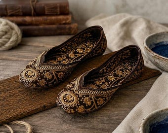 Hand Embroidered Brown Bridal Jutti | Traditional Khussa Wedding Flats for Brides