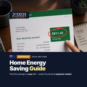 May include: A document titled Home Energy Saving Guide 2026 Edition featuring an electricity bill with the text Decode Energy and an amount due of $811.45 circled in red. The document includes an Australian flag icon and text regarding savings.
