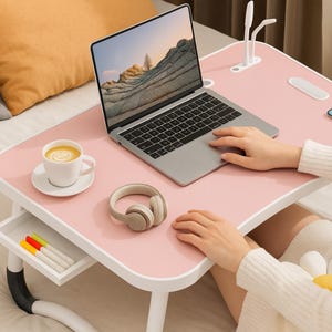 Portable Laptop Desk with USB Light  Fan – Foldable Bed Table with Cup Holder, Tablet Slot Handle for Sofa, Office, Study, Travel.