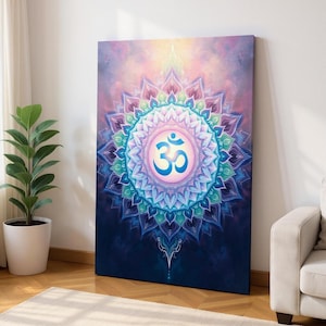Mystical Om Mandala Canvas Wall Art – Sacred Geometry, Spiritual Yoga Decor, Colorful Energy Painting