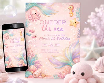 Oneder the Sea Birthday Invitation, Pastel Mermaid 1st Party Digital Evite, Ocean Theme Bday Invite Pink Turqoise Girl Card Template CO28