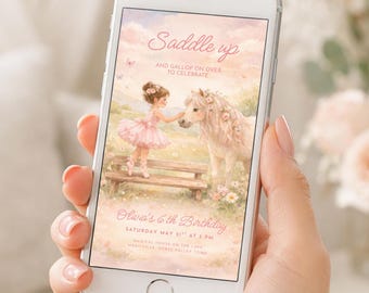 Saddle Up Birthday Invitation, Pony Party Invite Girl, Editable Pink Floral Horse 6th Bday Text, Ballet Pony Digital Card BG18