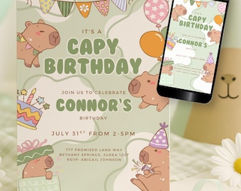 It's a Capy Birthday Invite Template, Editable Cute Animal Kids Party Invitation, Capybara Birthday Theme Unisex E-vite Download CO18