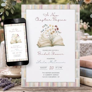 A New Chapter Begins Bridal Shower Invitation, Bookish Bride Storybook Theme, Floral Library Wedding Shower, Literary Garden Party