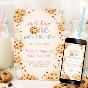 May include: A birthday invitation with a cookie and milk theme. The invitation reads "can't have ONE without the other" and includes the names Mya & Mason. A smartphone displays the invitation. Chocolate chip cookies and milk bottles surround the invitation.