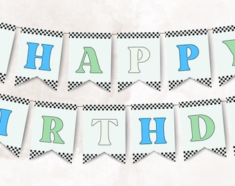 Editable 5th Birthday Banner, High Five Happy Birthday Bunting Template, Checkered Flag Party Decorations, Retro Race Car Boy Flags BB01