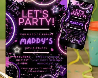 Neon Glow 10th Birthday Invitation for Girls, Neon Splatter Kids Bday Invite Template, Pink Paint Teen Party Editable Digital Evite