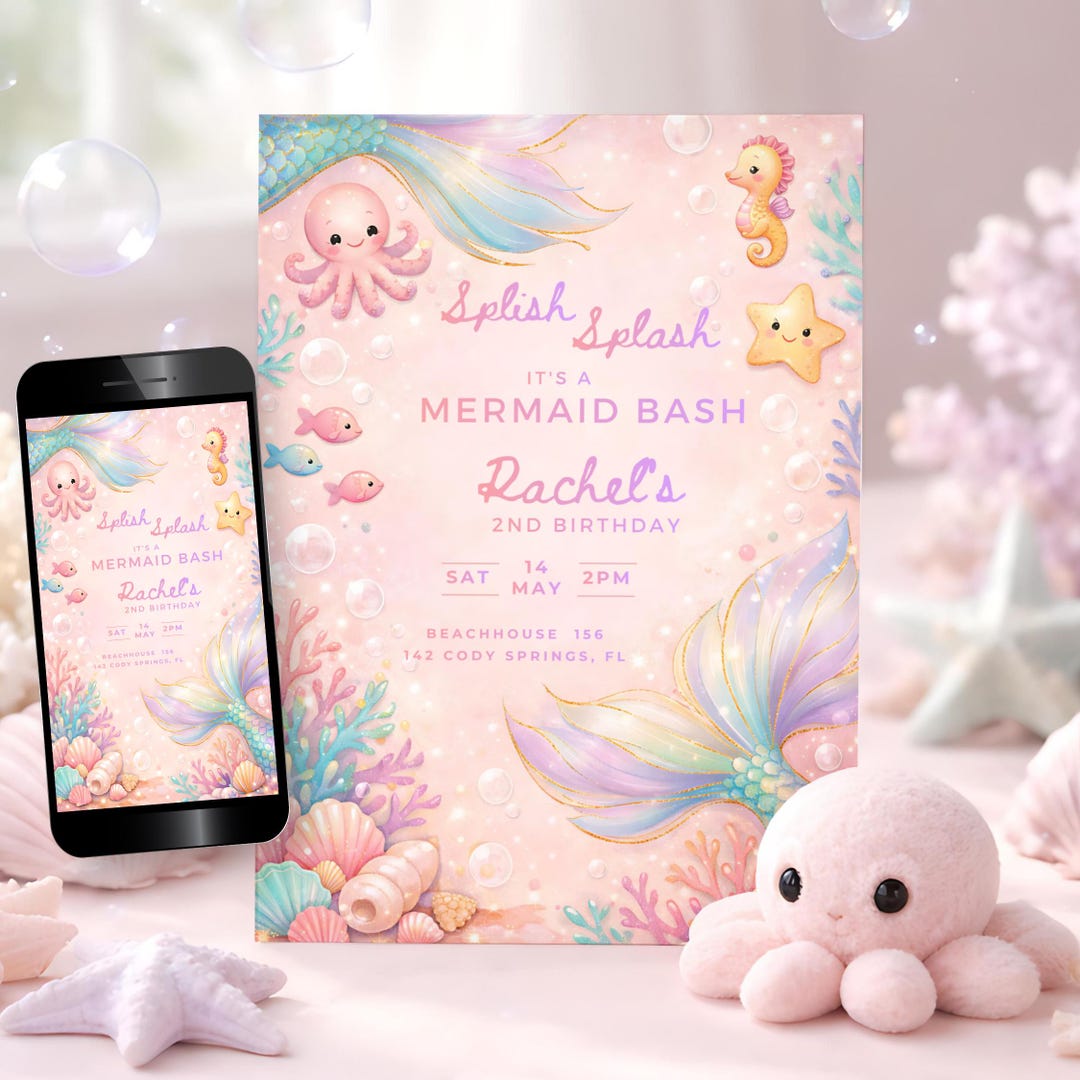 Mermaid 6th Birthday Invitation, Splish Splash Mermaid Bash Party Evite ...