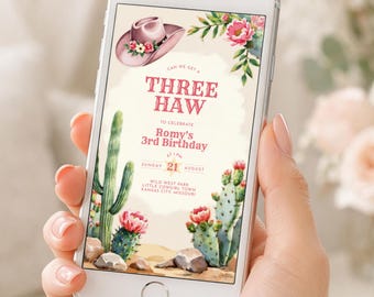 Third Rodeo Girls Birthday Invitation, Pink Cowgirl 3rd Party Invite, Editable Western Cowgirl Text, Three Haw Theme Evite BG22