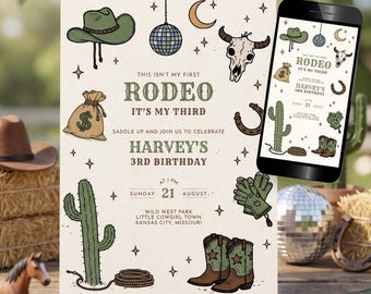Third Rodeo Boys Birthday Invitation, Green Cowboy 3rd Party Invite, Editable Not My First Rodeo Card, Western Doodle Evite BB09