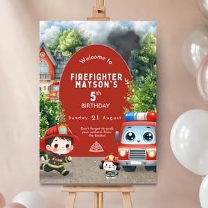 May include: A birthday party sign with a firefighter theme. The sign says "Welcome to FIREFIGHTER MAYSON'S 5th BIRTHDAY Sunday 21 August." Includes illustrations of a firefighter, a Dalmatian, and a fire engine.