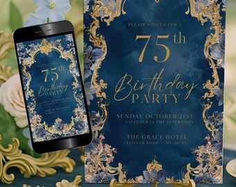 75th Chique Birthday Invitation Template, Editable Baroque Floral Party Invite, Blue Golden Frame Evite, Feminine Navy Bday Card CO20