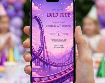 Rollercoaster Birthday Invitation Template, 13th Birthday Party Invite Girl, Editable Amusement Park Invite Text, Wild Ride Evite BG21