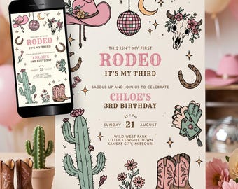 Third Rodeo Girls Birthday Invitation, Pink Cowgirl 3rd Party Invite, Editable Not My First Rodeo Card, Western Doodle Evite BG25