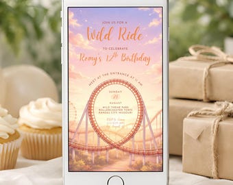 Rollercoaster Birthday Invitation Template, 12th Birthday Party Invite Girl, Editable Amusement Park Invite Text, Wild Ride Evite UN15