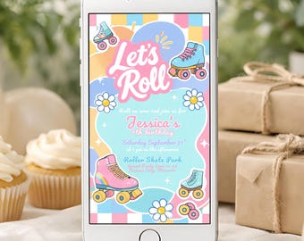 Editable Roller Skate 7th Birthday Invitation, Let's Roll Party Invite Template, Skating Disco Rainbow Text, Retro Rollerblade Evite BG30