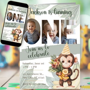 Op de afbeelding: Een verjaardagsuitnodiging met een cartoon aap die bananen vasthoudt en een feesthoedje draagt. De uitnodiging bevat de tekst "Jackson wordt EEN" en "Doe met ons mee om te vieren". Een smartphone toont een vergelijkbaar ontwerp.