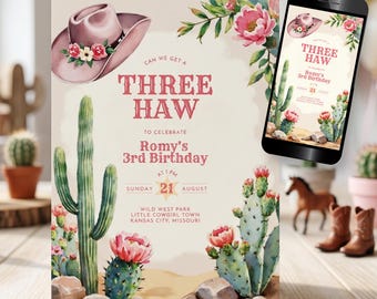 Third Rodeo Girls Birthday Invitation, Pink Cowgirl 3rd Party Invite, Editable Western Cowgirl Printable, Three Haw Theme Evite BG22