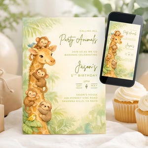 May include: A birthday invitation with a watercolor illustration of a giraffe and monkeys. The text reads "Party Animals" and "Jason's 5th Birthday". A smartphone displays the same design. Cupcakes are in the background.