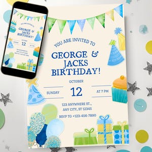 May include: A birthday invitation with the text "You are invited to George & Jacks Birthday!" on a cream background. The invitation includes illustrations of party hats, balloons, gifts, and a cupcake. A smartphone displays the same design.