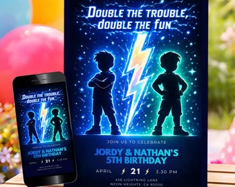 Double Trouble Birthday Invitation, Neon Twins Boy 5th Bday Invite, Sibling Joint Party Card, Blue Lightning Glow Theme Mobile Evite CO32