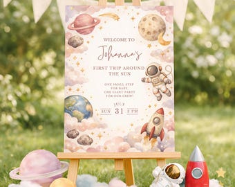 Space Birthday Welcome Sign, Trip Around the Sun Girl Bday Decorations, Pink Galaxy Entryway Board Template, Astronaut Event Poster CO24