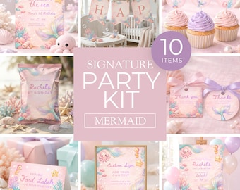 Mermaid Theme Birthday Bundle, Ocean Girl Invitation Set, Oneder the Sea Bday Party Invite Pack, Printable Pink Shells Decor Kit CO28